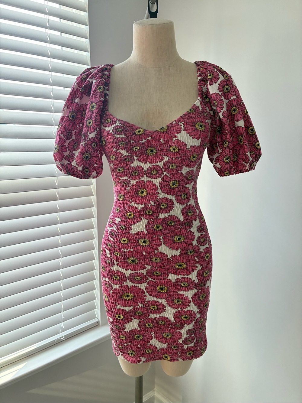 Zara Women's Pink Daisy Floral Smocked Puff Sleeve Mini Dress